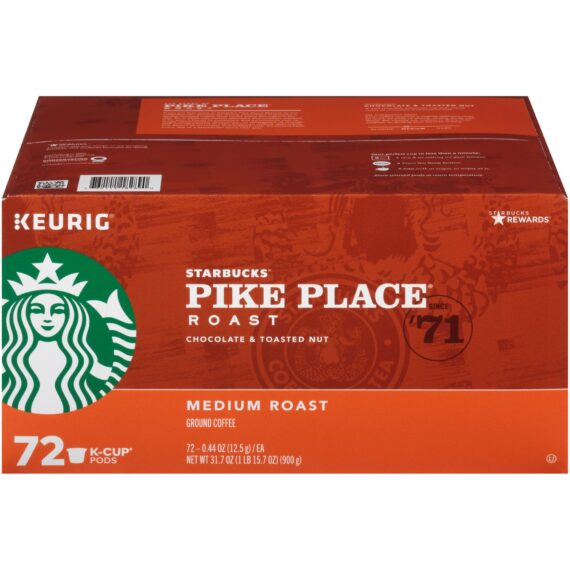 Starbucks Pike Place Roast Medium Roast Single Cup Coffee for Keurig Brewers K-Cup Pods, 72 ct.