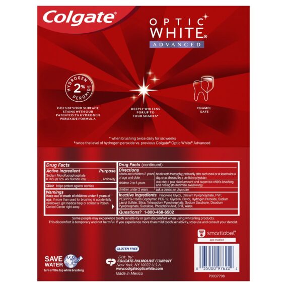 Colgate Optic White Advanced Teeth Whitening Toothpaste, 5 pk./4.2 oz.