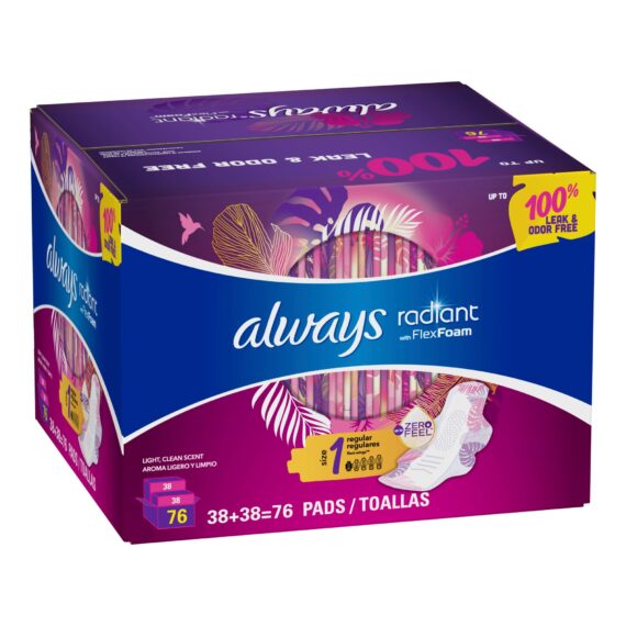 Always Radiant Regular Absorbency Pads with Wings, 76 ct.