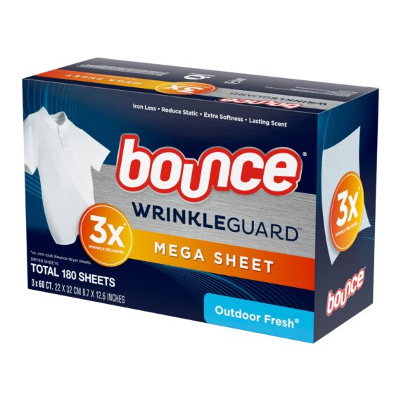 Bounce Outdoor WrinkleGuard Fresh Mega Dryer Sheets, 3pk./180 ct.