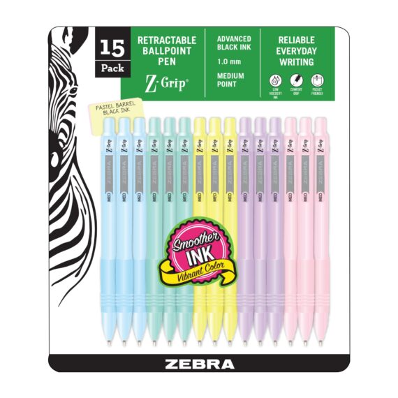 Zebra Z-Grip Retractable Ballpoint Pen with 1.0mm Medium Point, Pastel Barrel, 15 ct.