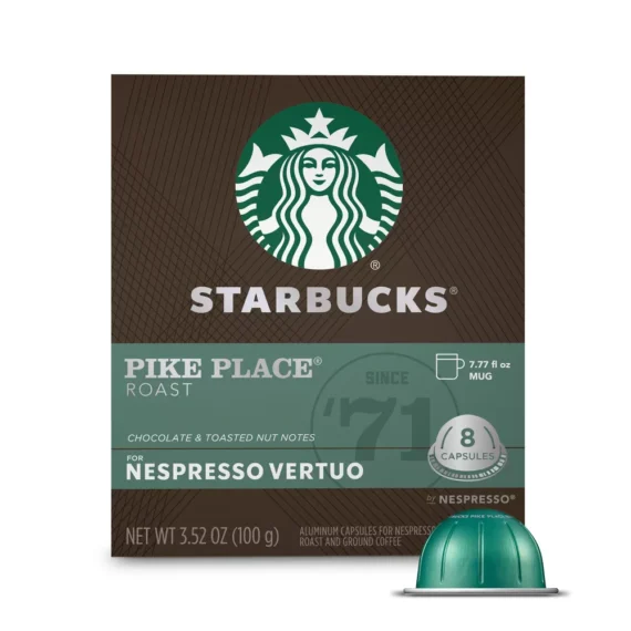 Starbucks Coffee Capsules for Nespresso Vertuo Machines ? Medium Roast Pike Place Roast ? 1 box (8 coffee pods)