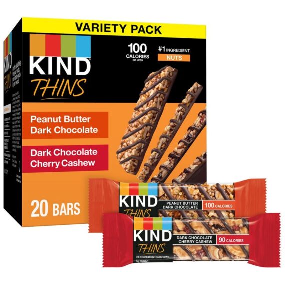 KIND Thins Peanut Butter Dark Chocolate & Dark Chocolate Cherry Cashew Bars Variety Pack ? 20ct